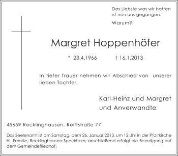 Traueranzeige von Margret Hoppenhöfer von Medienhaus Bauer