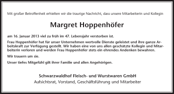 Traueranzeige von Margret Hoppenhöfer von Medienhaus Bauer