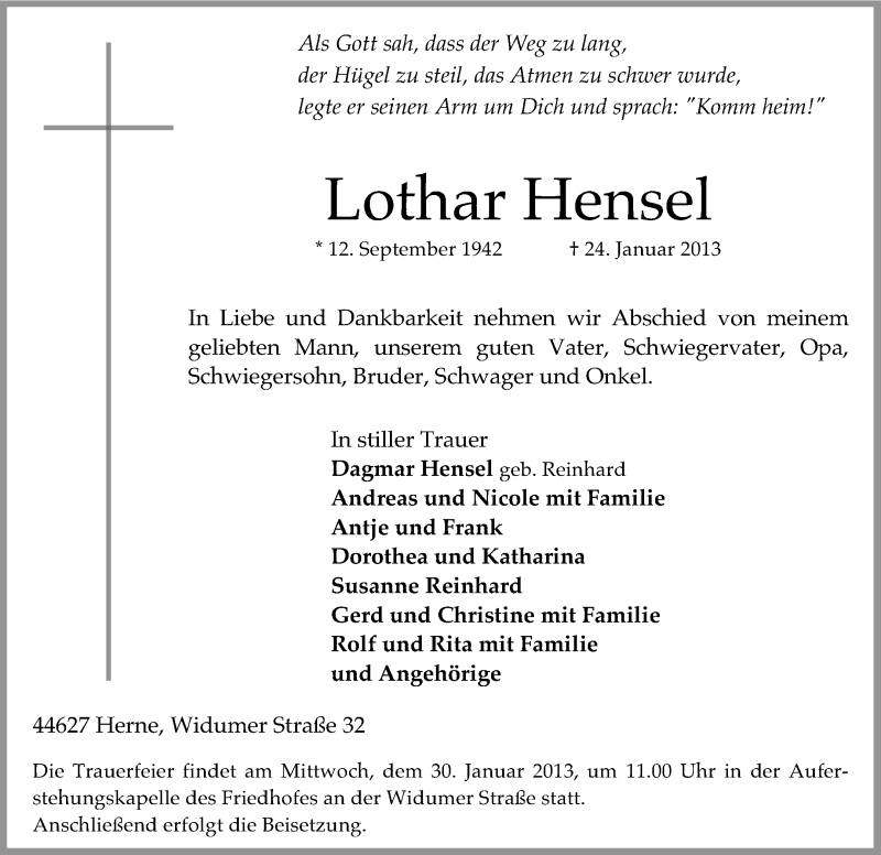  Traueranzeige für Lothar Hensel vom 26.01.2013 aus Medienhaus Bauer