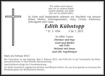 Traueranzeige von Edith Kühntopp von Medienhaus Bauer