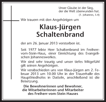 Traueranzeige von Klaus-Jürgen Schaltenbrand von Medienhaus Bauer