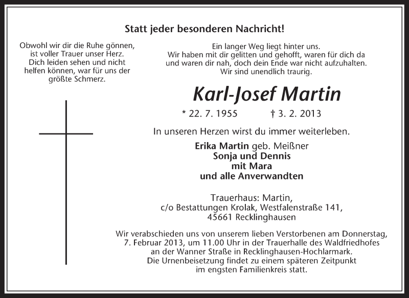  Traueranzeige für Karl-Josef Martin vom 05.02.2013 aus Medienhaus Bauer