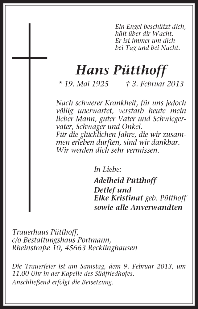  Traueranzeige für Hans Pütthoff vom 06.02.2013 aus Medienhaus Bauer