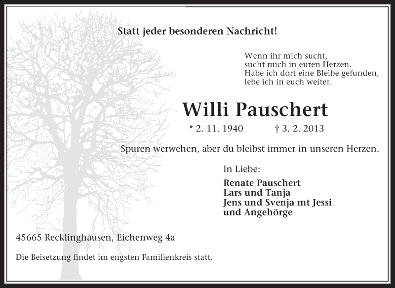  Traueranzeige für Willi Pauschert vom 07.02.2013 aus Medienhaus Bauer