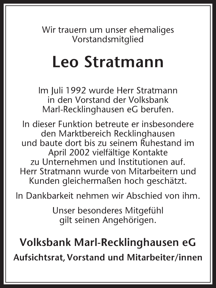  Traueranzeige für Leo Stratmann vom 08.02.2013 aus Medienhaus Bauer