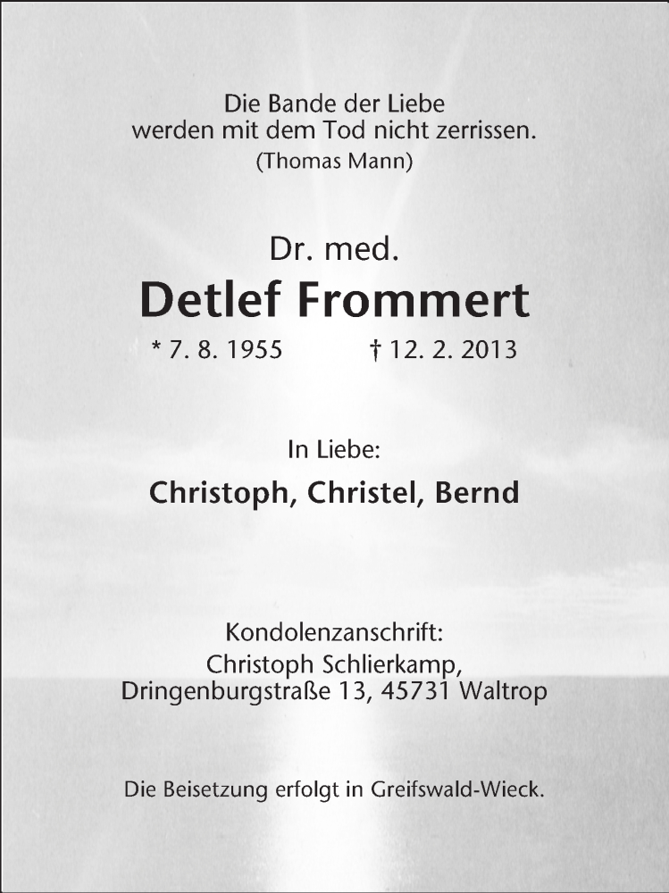  Traueranzeige für Detlef Frommert vom 16.02.2013 aus Medienhaus Bauer