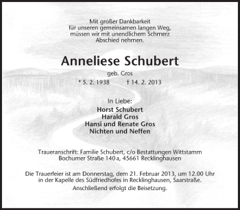 Traueranzeige von Anneliese Schubert von Medienhaus Bauer