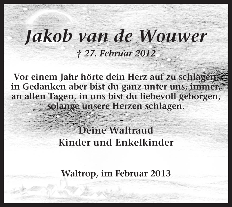  Traueranzeige für Jakob van de Wouwer vom 27.02.2013 aus Medienhaus Bauer