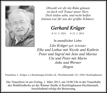 Traueranzeige von Gerhard Krüger von Medienhaus Bauer