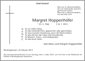 Traueranzeige von Margret Hoppenhöfer von Medienhaus Bauer