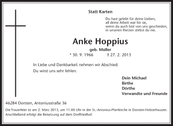 Traueranzeige von Anke Hoppius von Medienhaus Bauer