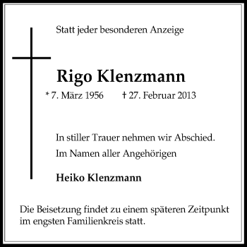 Traueranzeige von Rigo Klenzmann von Medienhaus Bauer