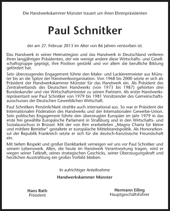 Traueranzeige von Paul Schnitker von Medienhaus Bauer