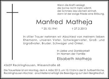 Traueranzeige von Manfred Matheja von Medienhaus Bauer
