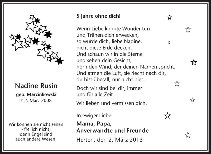  Traueranzeige für Nadine Rusin vom 02.03.2013 aus Medienhaus Bauer