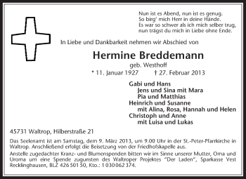 Traueranzeige von Hermine Breddemann von Medienhaus Bauer