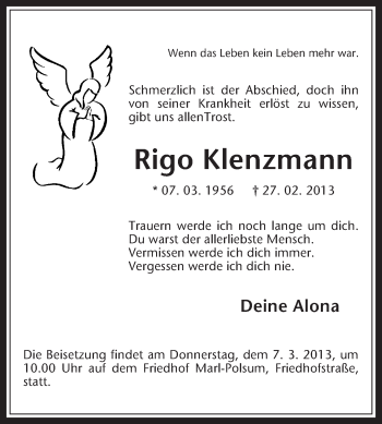 Traueranzeige von Rigo Klenzmann von Medienhaus Bauer