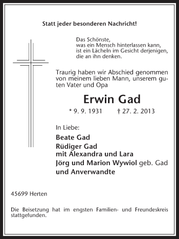 Traueranzeige von Erwin Gad von Medienhaus Bauer