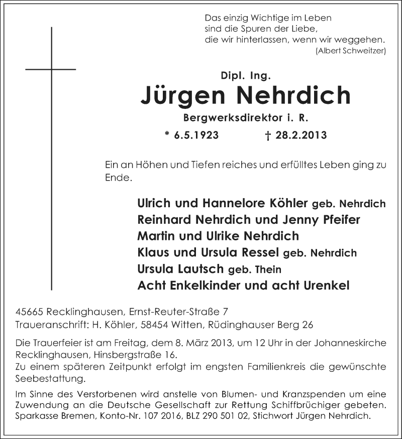  Traueranzeige für Jürgen Nehrdich vom 05.03.2013 aus Medienhaus Bauer