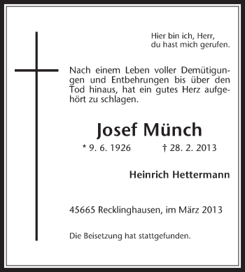 Traueranzeige von Josef Münch von Medienhaus Bauer