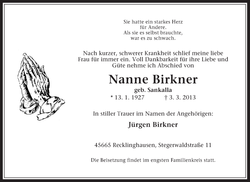  Traueranzeige für Nanne Birkner vom 09.03.2013 aus Medienhaus Bauer