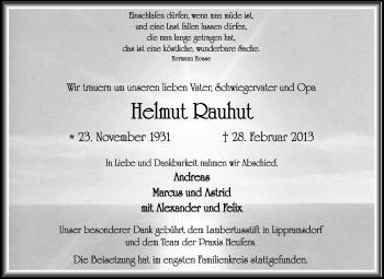 Traueranzeige von Helmut Rauhut von Medienhaus Bauer