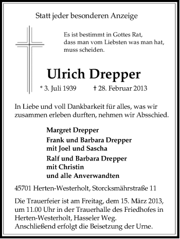 Traueranzeige von Ulrich Drepper von Medienhaus Bauer