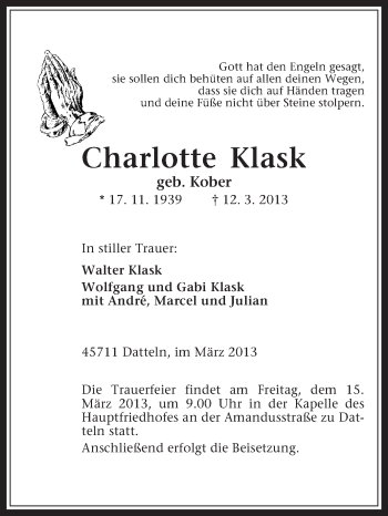 Traueranzeige von Charlotte Klask von Medienhaus Bauer
