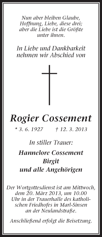 Traueranzeige von Rogier Cossement von Medienhaus Bauer