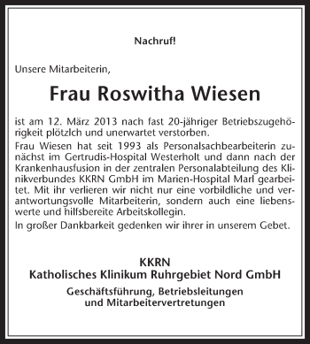 Traueranzeige von Roswitha Wiesen von Medienhaus Bauer