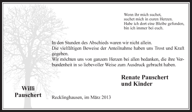  Traueranzeige für Willi Pauschert vom 16.03.2013 aus Medienhaus Bauer