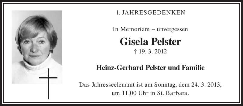  Traueranzeige für Gisela Pelster vom 19.03.2013 aus Medienhaus Bauer
