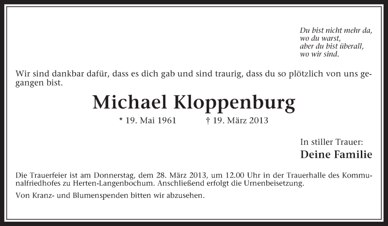  Traueranzeige für Michael Kloppenburg vom 21.03.2013 aus Medienhaus Bauer