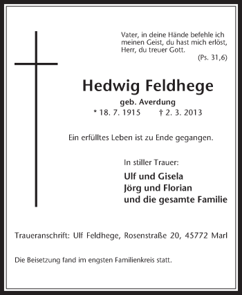 Traueranzeige von Hedwig Feldhege von Medienhaus Bauer