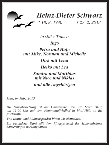 Traueranzeige von Heinz-Dieter Schwarz von Medienhaus Bauer