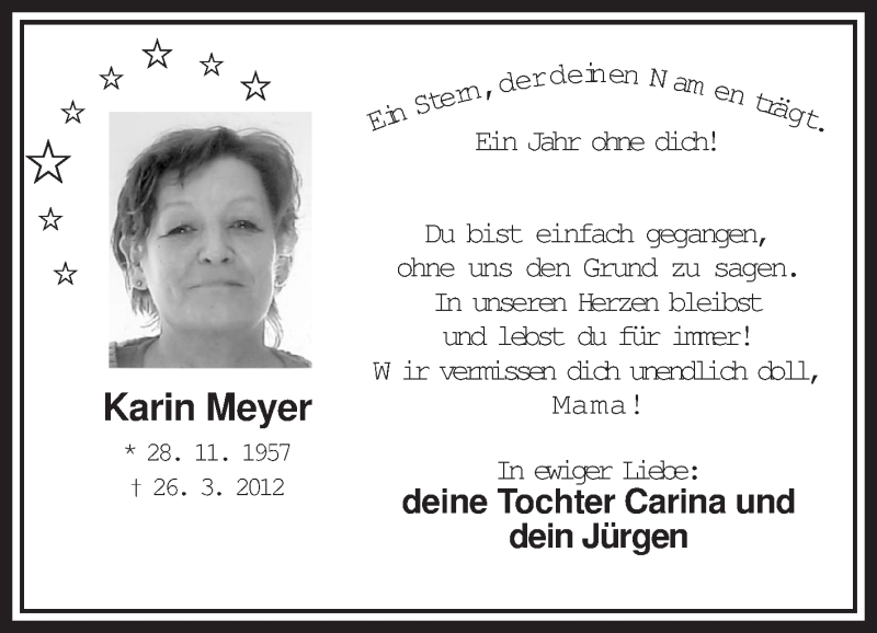  Traueranzeige für Karin Meyer vom 26.03.2013 aus Medienhaus Bauer