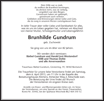 Traueranzeige von Brunhilde Gundrum von Medienhaus Bauer