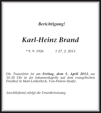 Traueranzeige von Karl-Heinz Brand von Medienhaus Bauer