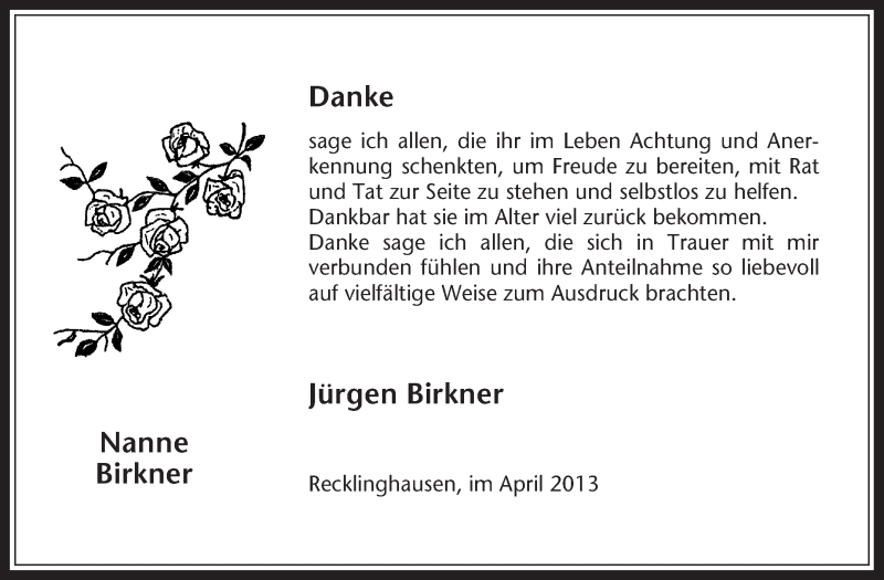  Traueranzeige für Nanne Birkner vom 03.04.2013 aus Medienhaus Bauer