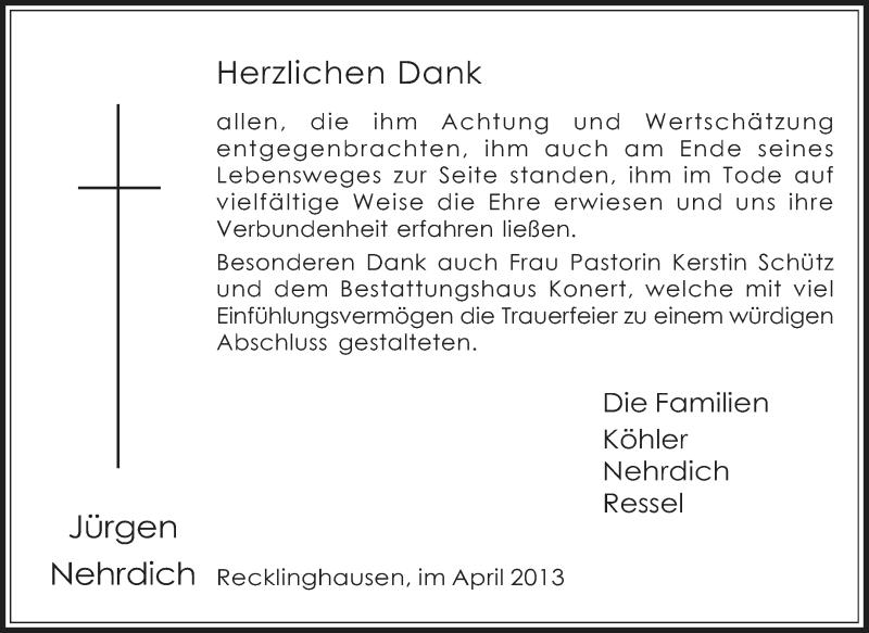  Traueranzeige für Jürgen Nehrdich vom 03.04.2013 aus Medienhaus Bauer