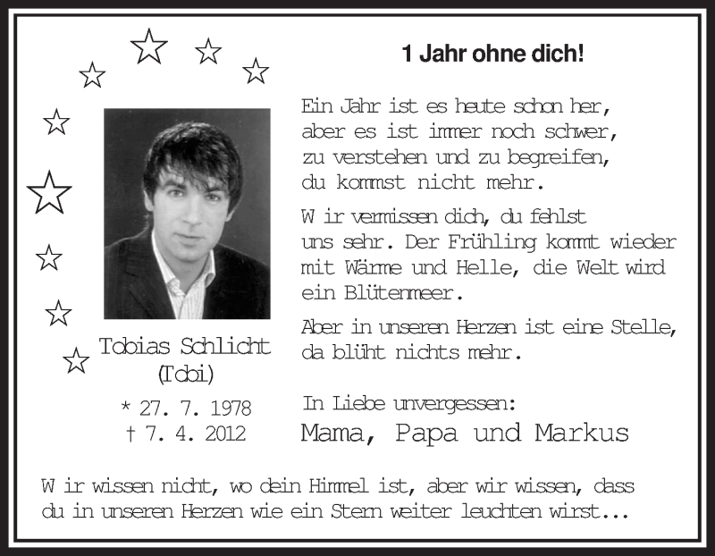 Traueranzeige für Tobias Schlicht vom 06.04.2013 aus Medienhaus Bauer