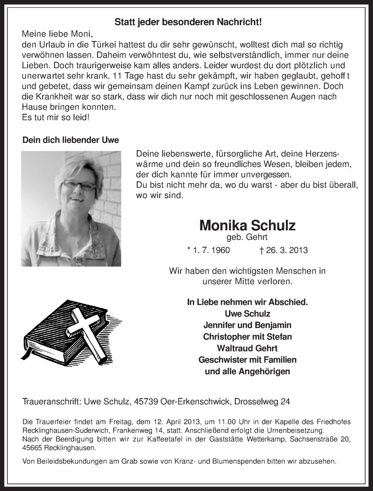  Traueranzeige für Monika Schulz vom 06.04.2013 aus Medienhaus Bauer