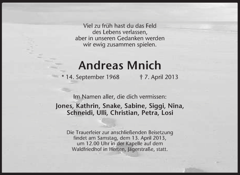  Traueranzeige für Andreas Mnich vom 10.04.2013 aus Medienhaus Bauer