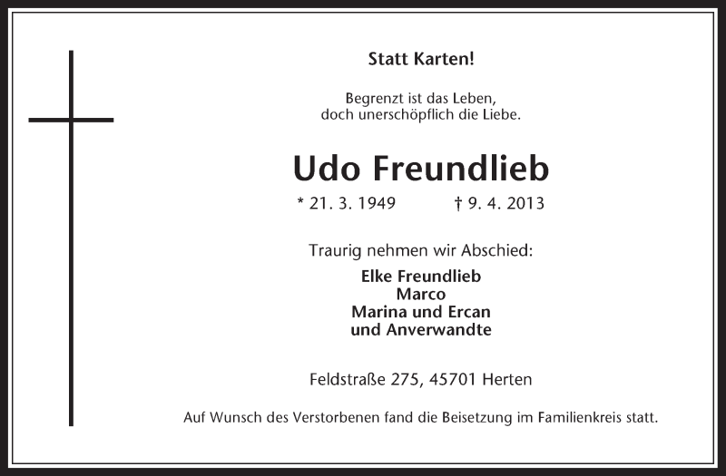  Traueranzeige für Udo Freundlieb vom 16.04.2013 aus Medienhaus Bauer
