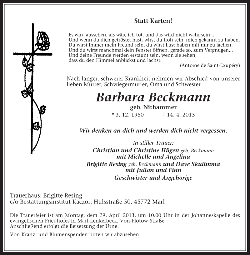  Traueranzeige für Barbara Beckmann vom 20.04.2013 aus Medienhaus Bauer