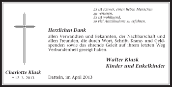 Traueranzeige von Charlotte Klask von Medienhaus Bauer