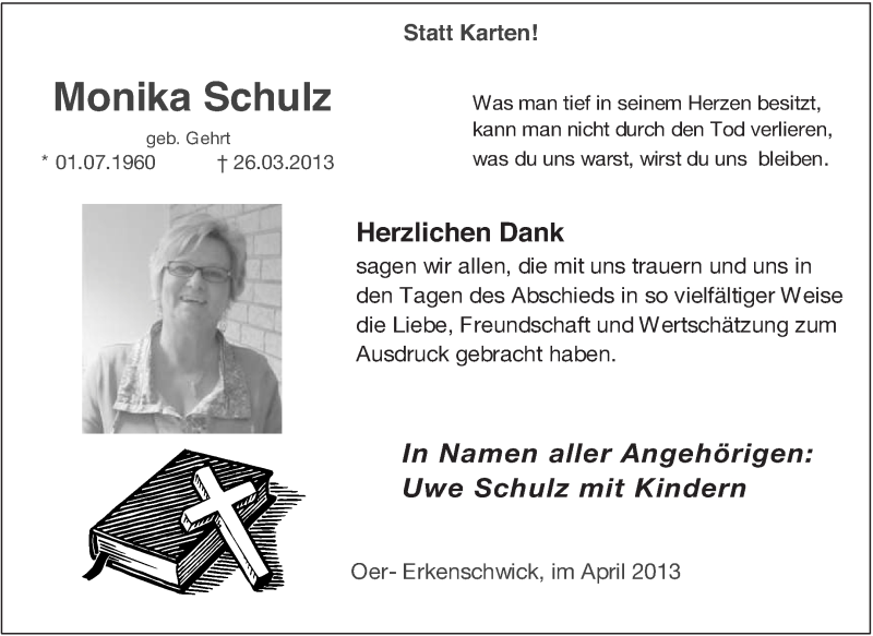  Traueranzeige für Monika Schulz vom 27.04.2013 aus Medienhaus Bauer