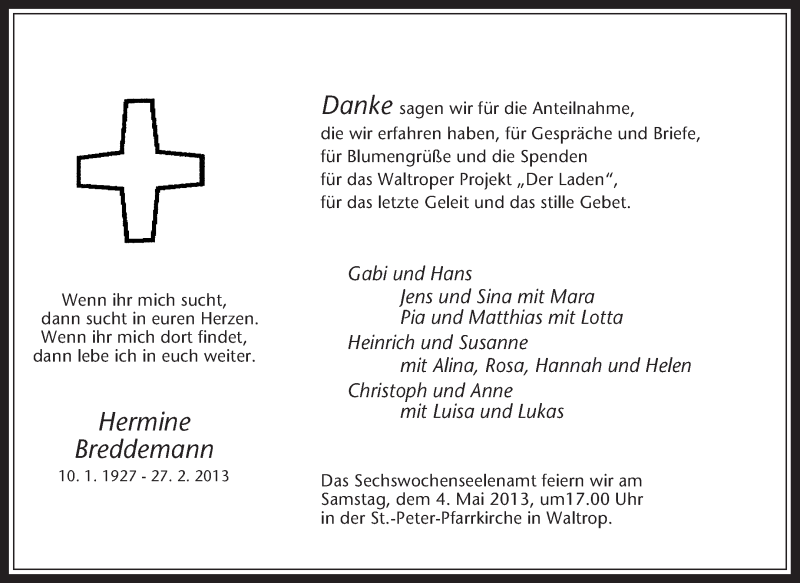  Traueranzeige für Hermine Breddemann vom 29.04.2013 aus Medienhaus Bauer