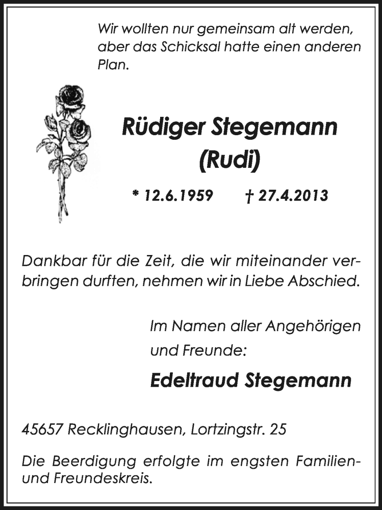  Traueranzeige für Rüdiger Stegemann vom 04.05.2013 aus Medienhaus Bauer