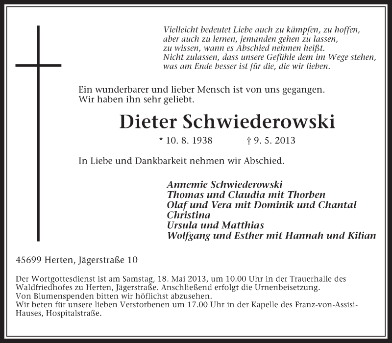  Traueranzeige für Dieter Schwiederowski vom 13.05.2013 aus Medienhaus Bauer